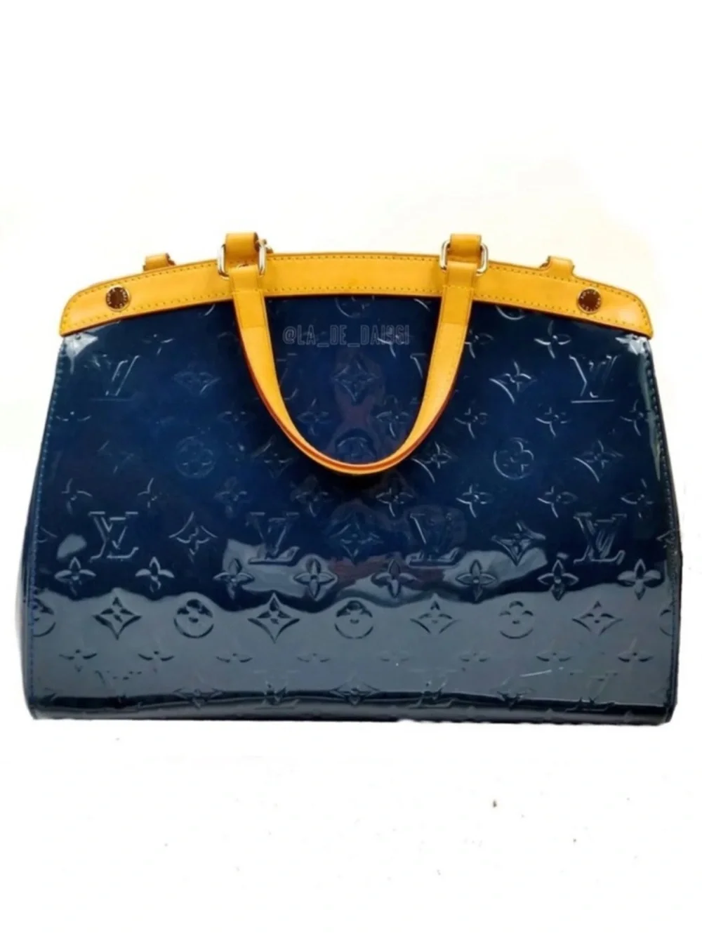 Louis Vuitton Navy Patent Satchel with Yellow-Tan Trim